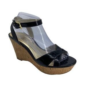 MARC FISHER 9.5 Faux Patent Leather Wedge Platform Sandals Cork Look